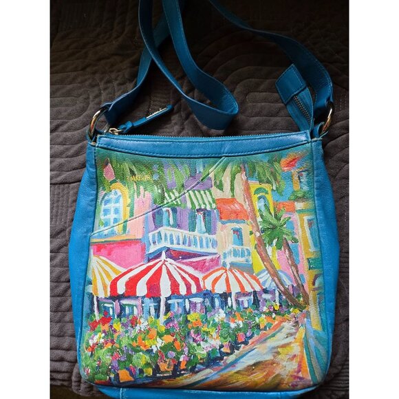 Jeon Genuine Leather Hand Painted Tropical Street  Scene Crossbody EUC - Picture 2 of 10